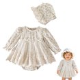 thumbnail image 2 of larppty Baby Girl Floral Romper, Long Sleeve Lace Dress Bodysuit with Bonnet, Princess Style Outfit for Newborn and Infant, 2 of 7