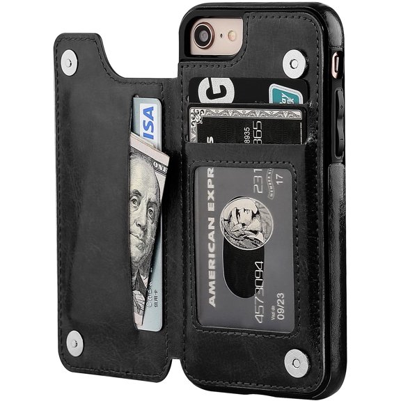 REQO for iPhone SE(2022) iPhone SE(2020) iPhone 7/8 Wallet Case with Holder, Premium PU Leather Kickstand Card Slots, Double Magnetic Clasp and Durable Shockproof Cover 4.7 Inch(Black)