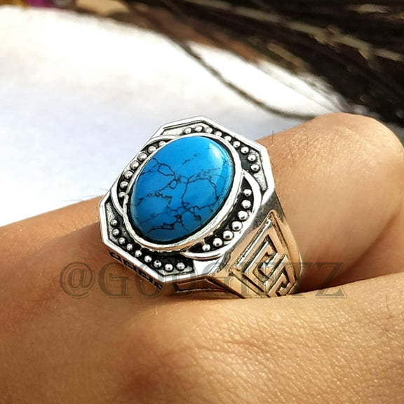 Handmade Turkish 925 Sterling Silver Ring: Oval Turquoise Gemstone