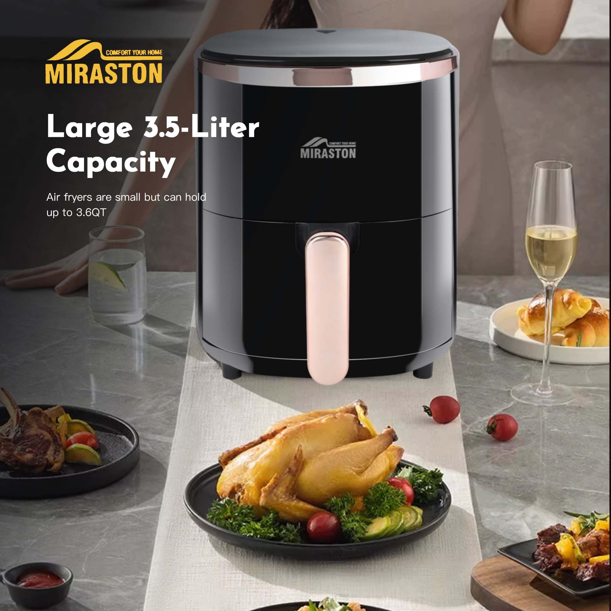 MIRASTON 3.6L Digital Air Fryer, Compact for Singles, Couples, Apartment, Dishwasher Safe, Black，1350W
