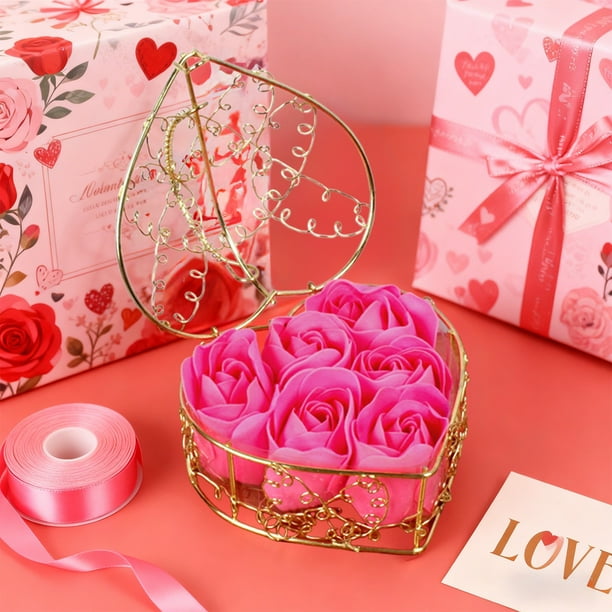 Cesta de hierro con rosas de jabón para San Valentín, decoración de ambiente, regalo, 6 adornos de flores de jabón