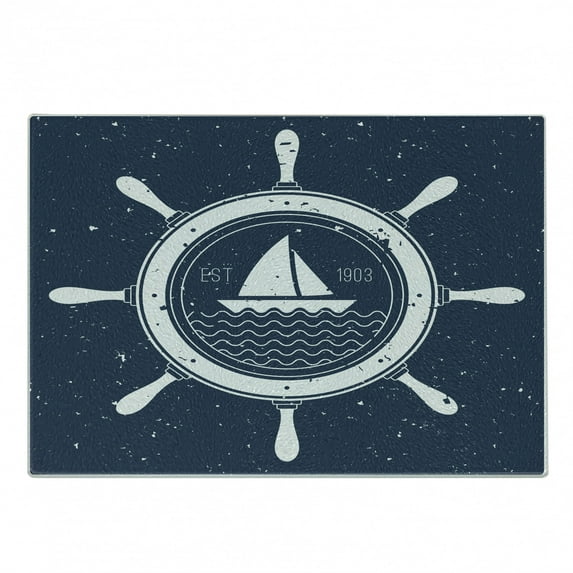 Vintage Boat Cutting Board, Nautical Steering Wheel Grunge Textured Marine Sailing Journey Graphic, Decorative Tempered Glass Cutting and Serving Board, Small Size, Night Blue White, by Ambesonne