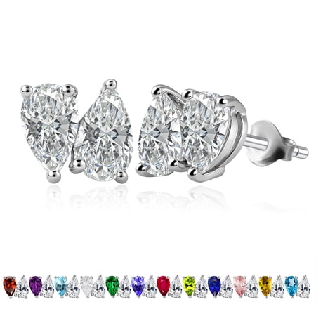 JeenMata 2.5 Carat Pear Cut April Birthstone Stud Earring - Cubic Zirconia Two Stone Earrings in 18K White Gold Plating Gift for Women