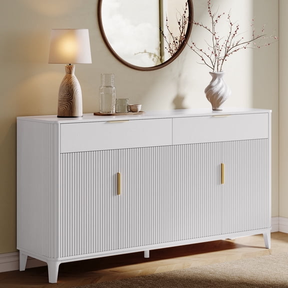 UGTOO 63" White Fluted Buffet Sideboard Cabinet, Modern Credenza Storage Console Table Coffee Bar with 4 Doors 2 Drawers for Dining Room