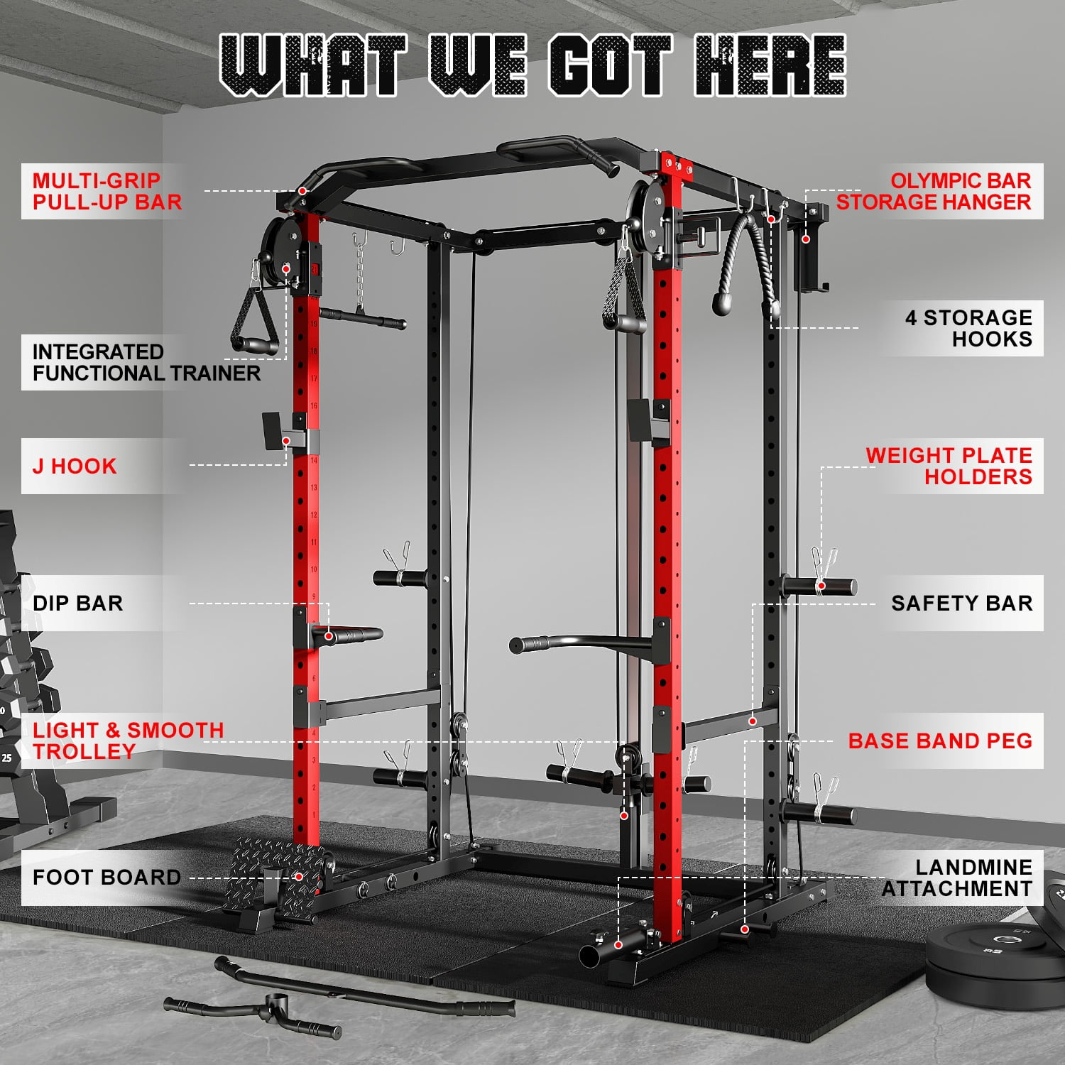 MITONOS Power Cage, 2000LB Squat Rack with Cable Crossover System, Multi-Function Weight Cage, Home Gym Workout Machine with More Training Attachments, RD