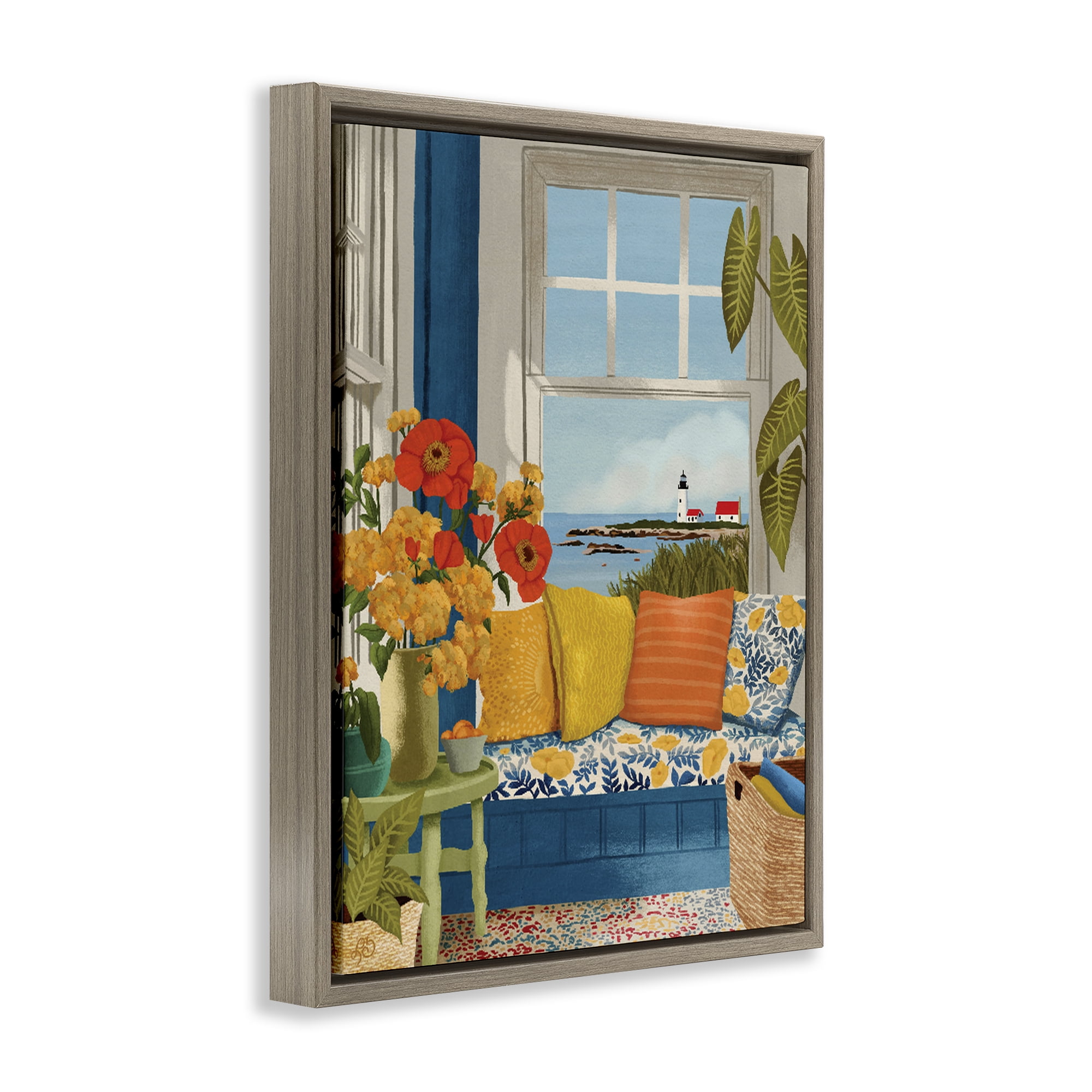 Stupell Industries Distant Lighthouse Window View Brown Framed Floater Canvas Wall Art, design by Lisa R Dumm