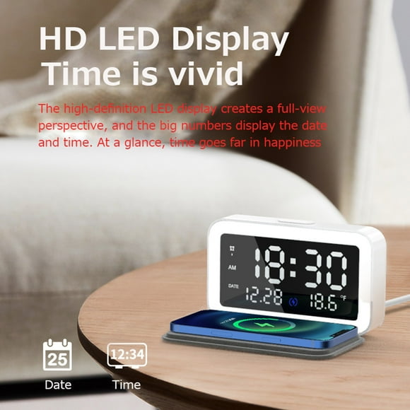 EGNMCR LED Electric Alarm Clock w/ Phone Wireless Charging Digital Clock Alarm Clock
