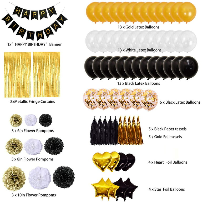Finypa Black and Gold Birthday Decorations for Men 2pcs 8*3ft Fringe  Curtains Gold Party Decoration Happy Birthday Banner,Paper Poms,Tassels  18th 30th 40th 50th 60th Birthday Supplies for Boy Women 