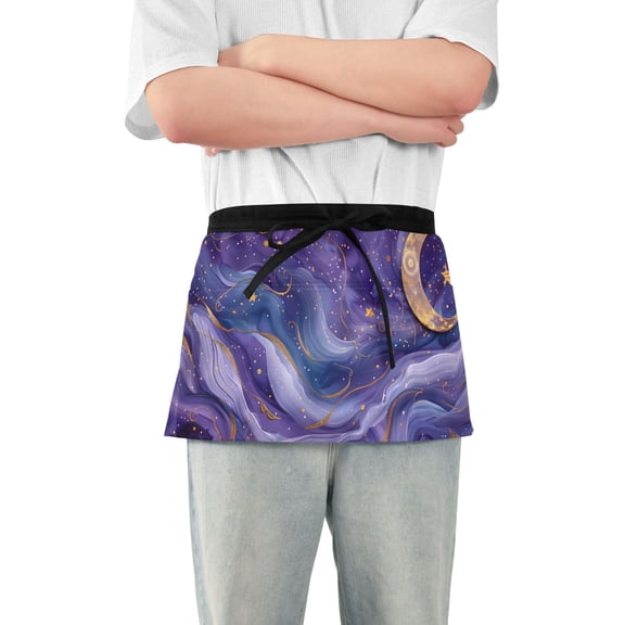 Golden Stars Crescent Moon Purple Wave Short Server Apron with 3 Pockets for Unisex Chef Gardening