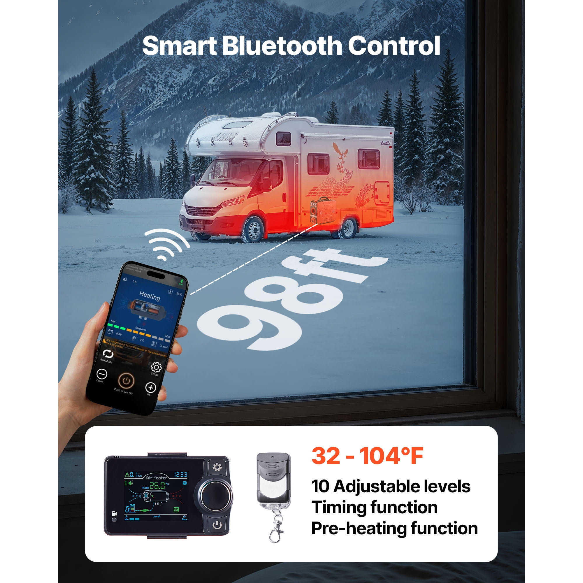 KFFKFF Portable 8KW Diesel Air Heater, DC 12V, All-in-One Unit with Bluetooth App Control, Remote Control, LCD Screen, and 1.2 Gal Fuel Tank for Vehicles, RVs, Campers, Vans, and Garages