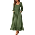 thumbnail image 1 of Vestido largo casual de manga larga para mujer INSPIRE CHIC con escote redondo, fruncido, en capas y fluido para oto?o con bolsillos verde ejército S, 1 of 1