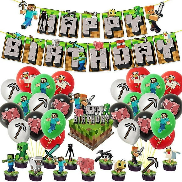 Minecraft Themed Happy Birthday Party Balloon Set Decors Supplies Banner Pull Flag Cake Toppers Kits