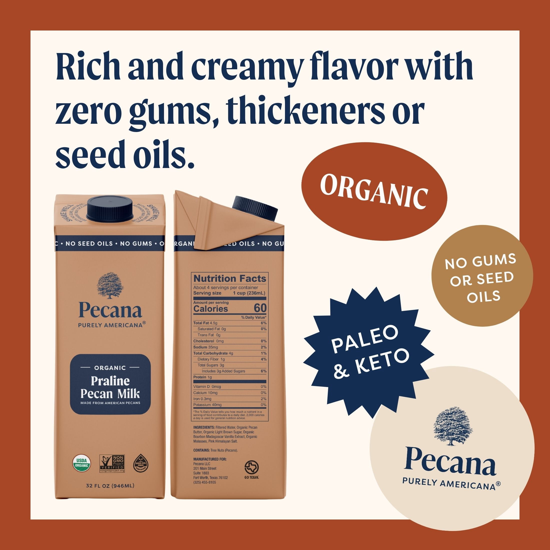 Pecana USDA Organic Praline Pecan Milk 32 fl oz Shelf-Stable Carton