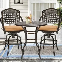SOCIALCOMFY 3 Piece Patio Swivel Bar, Free-Rust Cast Aluminum Furniture Bistro Set with 2 Bar Stools and 38.5" Bar Height Table with 2" Umbrella Hole, Patio Bar Table Set for Deck Garden Poolside