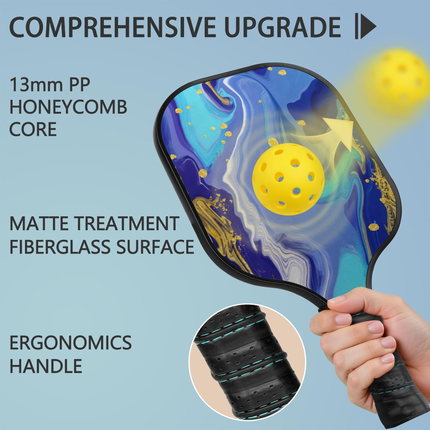 Pickleball Paddles Set Of 1, Fiberglass Surface, Liquid & Marble Print, 1 Paddles, 2 Balls & Bag