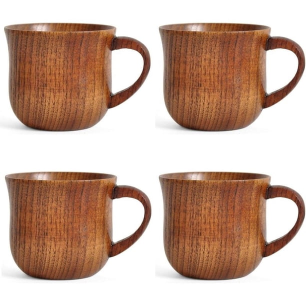 Paquete de 4 tazas de madera con asa, taza de madera maciza natural para beber té, cerveza, leche, café, bebidas calientes, pequeña taza para la oreja en el reverso