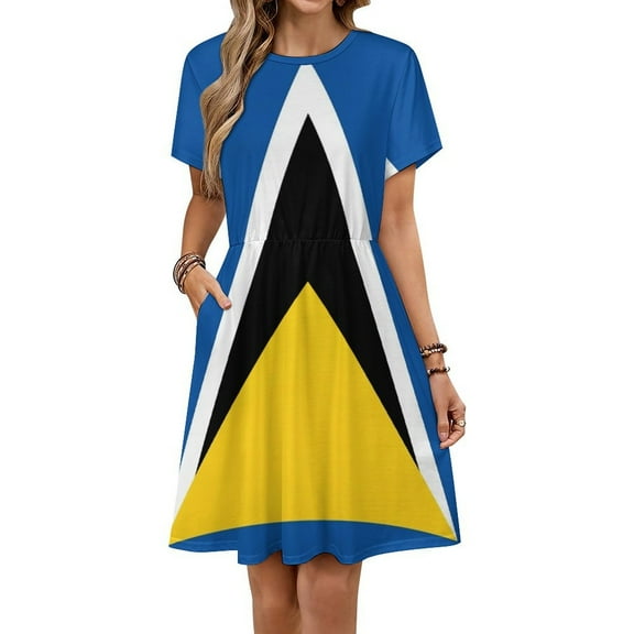 Saint Lucia Flag Dress Fashion Beach Short Sleeve Dresses Female Party Printed Sundress