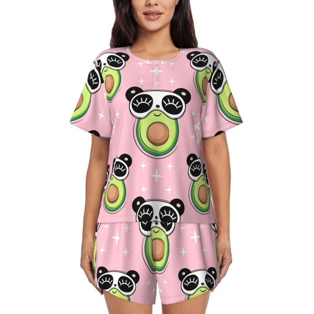 Balery Panda Avocado Conjunto de Pijama para Mujer con Estampado, Dos Piezas de Manga Corta y Shorts, Ropa de Dormir Suave con Cuello Redondo y Bolsillos-4X-Large
