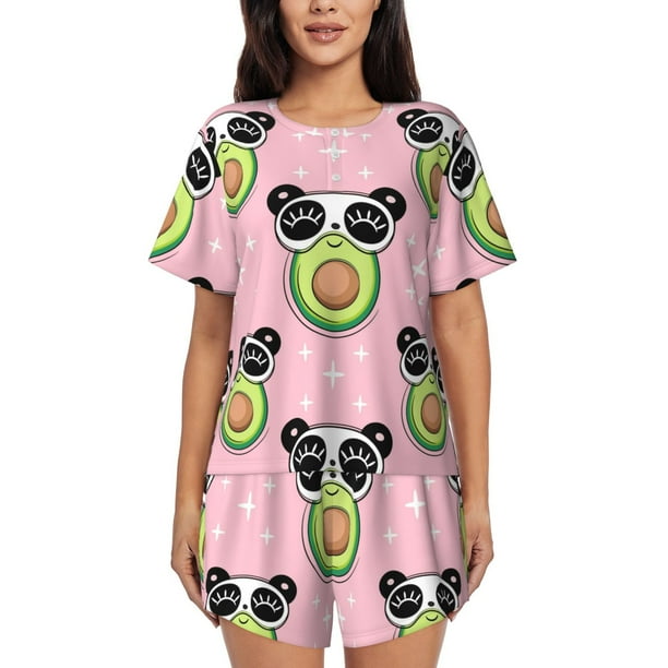 Fotbe Panda Avocado Conjunto de Pijama Estampado para Mujer, 2 Piezas, Ropa de Dormir con Camiseta de Manga Corta y Shorts Suaves-Medium
