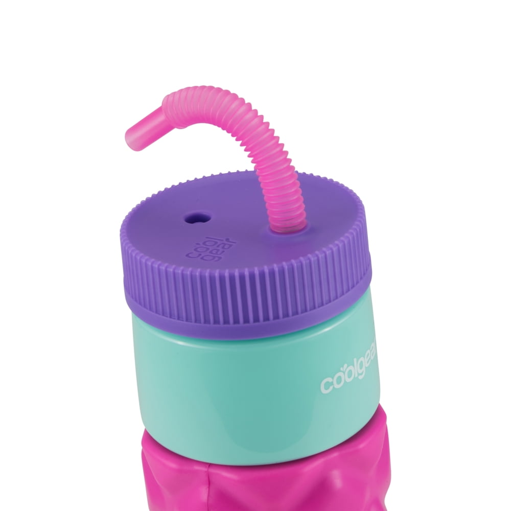 (2 pack) Cool Gear 24oz Plastic Retro Squishy Water Bottle, Quilted Pink with Foam Grip and Resealable Straw