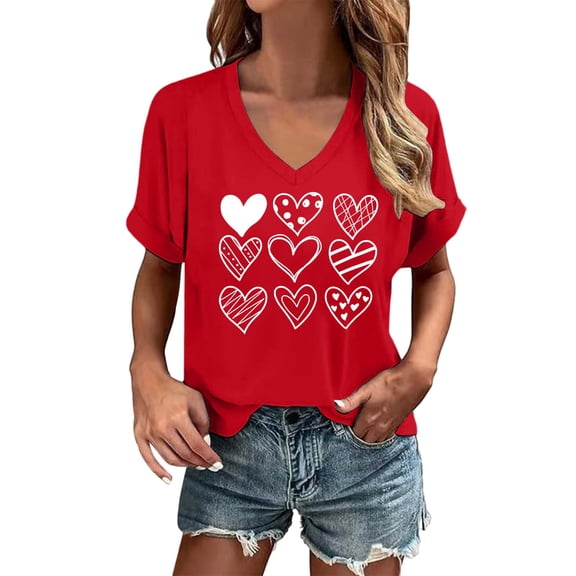 Womens Valentine'S Day Tops Blouses Solid Color V Neck Printed Short Sleeved Boho Tops for Women,Red,XL