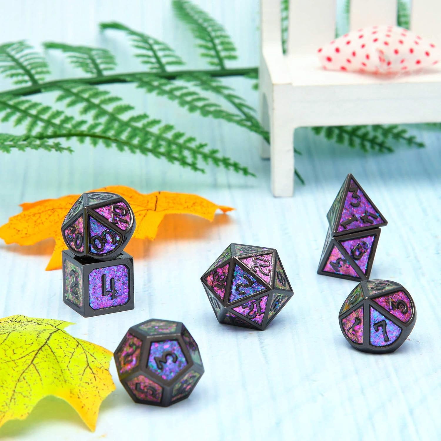 The DND Metal Polyhedral Dice Set, a 7-piece set, is perfect for Dungeons and Dragons role-playing board games and makes a wonderful holiday party gift and decoration.
