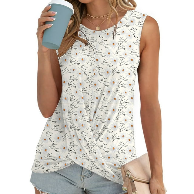 Sexy Dance T-Shirts pour Femmes à Col Rond Débardeurs Imprimé Floral Haut d'Été Confortable Tee Sans Manches Blouse Blanc m