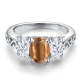 thumbnail image 3 of Gem Stone King 925 Sterling Silver Brown Tiger Eye and White Moissanite Filigree Style 3 Stone Ring for Women (2.25 Cttw, Oval 8X6MM and 6X4MM) (Size 6), 3 of 6