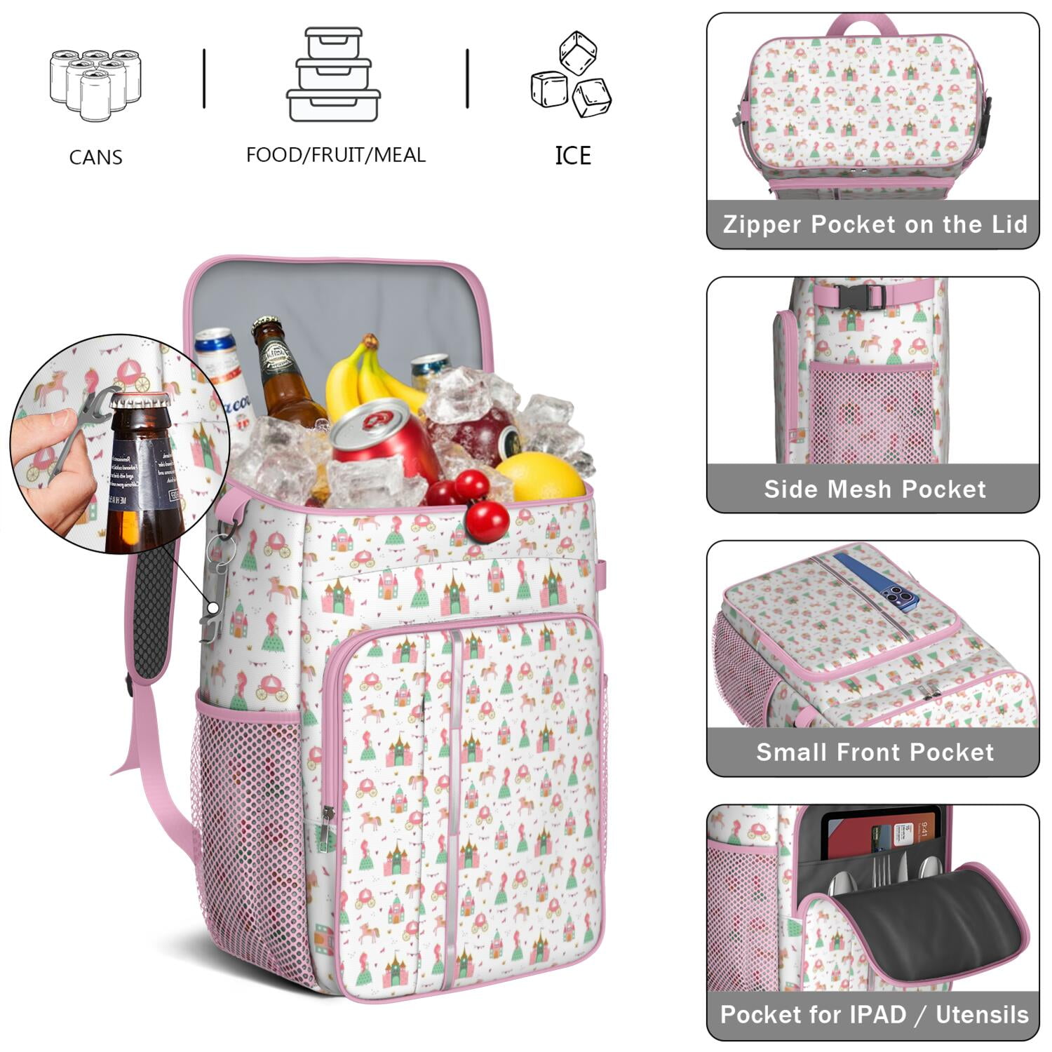 Travel Cooler Bag - Princess Castle Pattern Camping Beer Cooler Backpack with Bottle Opener- Waterproof Insulated Picnic Backpacks - Cooler Bag for Beach