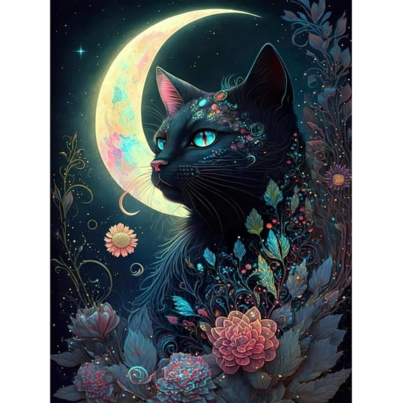 5D DIY Diamond Painting Set "Black Cat" Round Diamond Art Crafts for Adults, Suitable for Wall Decoration, Bedroom and Home Decoration