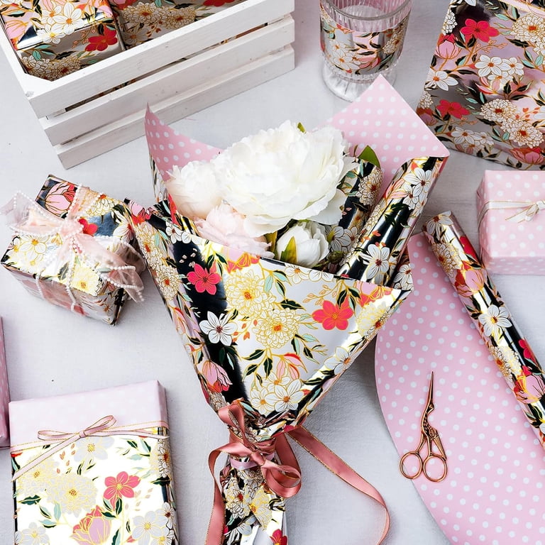 HOMERAL Reversible Floral Wrapping Paper, Pink Flowers, 17" x 33 Feet photo 7