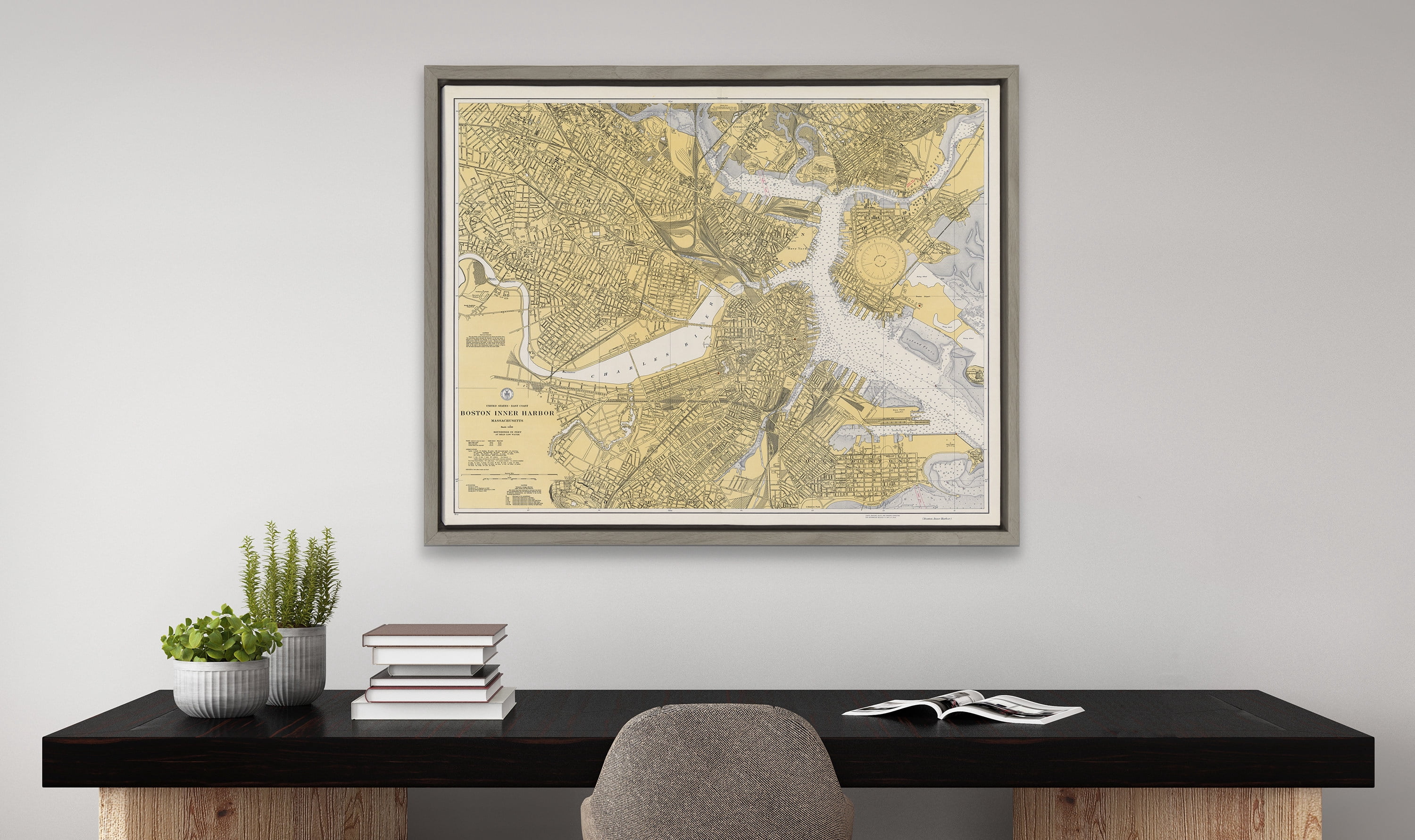 Kate and Laurel Sylvie Boston Harbor Map Framed Canvas Wall Art by Corinna Buchholz of Piddix 18x24 Gray Decorative Map Art for Wall