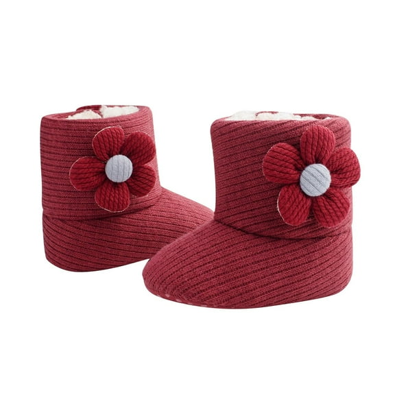 Mikilon Girls High Tube Flower Velvet Shoes Size 0-12 Months Solid Color Soft Sole Shoes Bow Thicken Warm Shoes