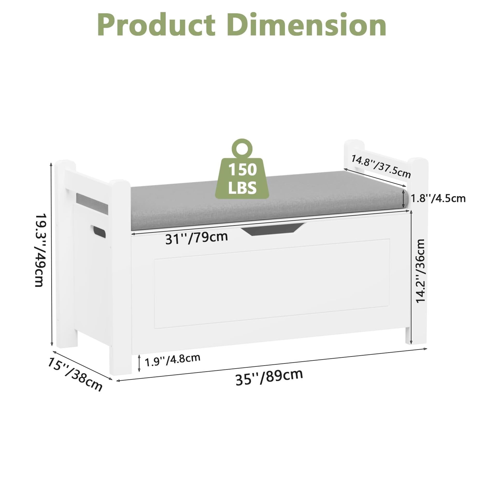 Demi Bonn 35" Storage Bench with Cushion, Lift-Top Toy Storage Organizer Trunk with 2 Safety Hinges, Wood Storage Box Chest for Bedroom, Entryway, Living Room, White