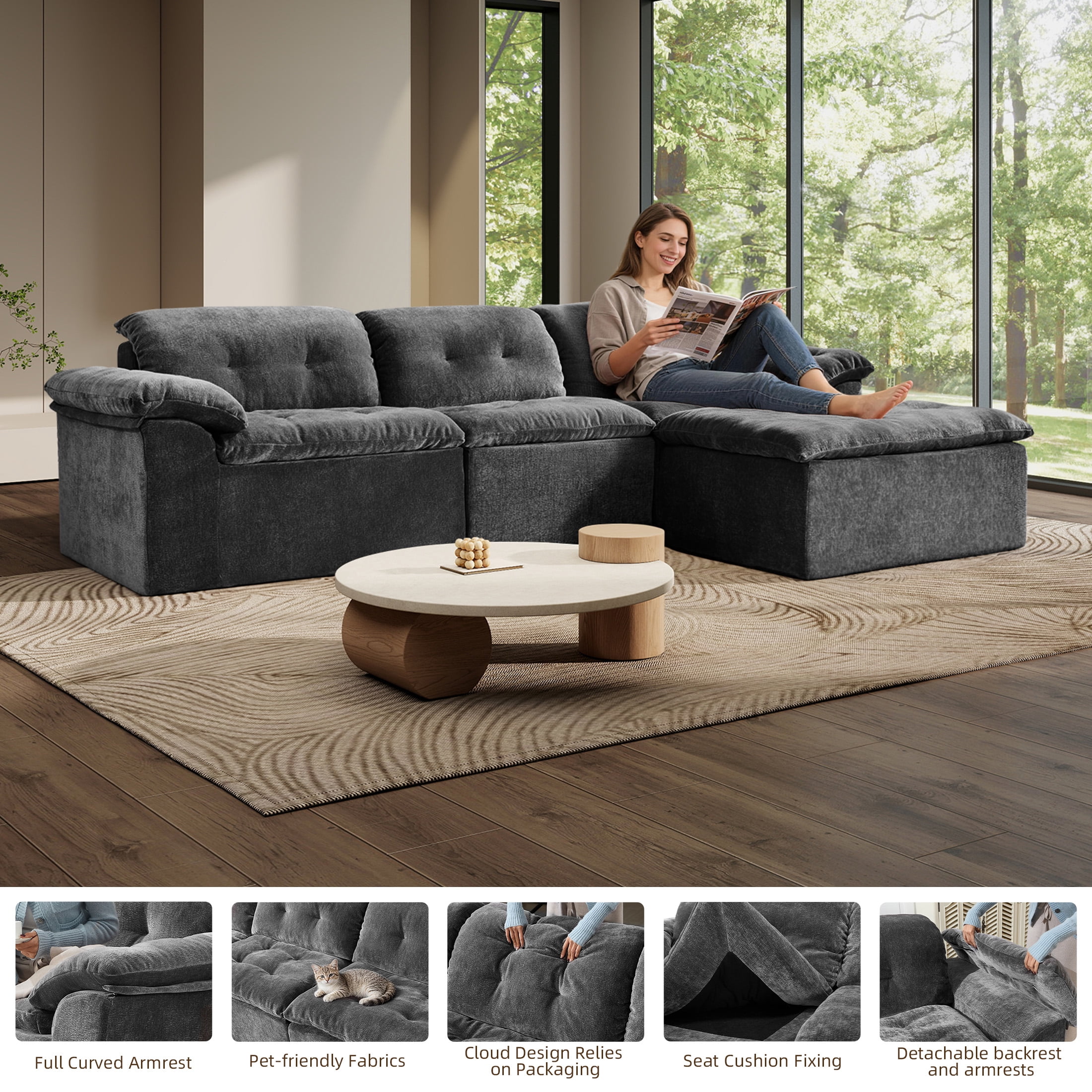 Aukfa 4-Piece L-Shaped Modular Sectional Sofa with Ottoman for Living Room, Ice Flower Chenille, Gray