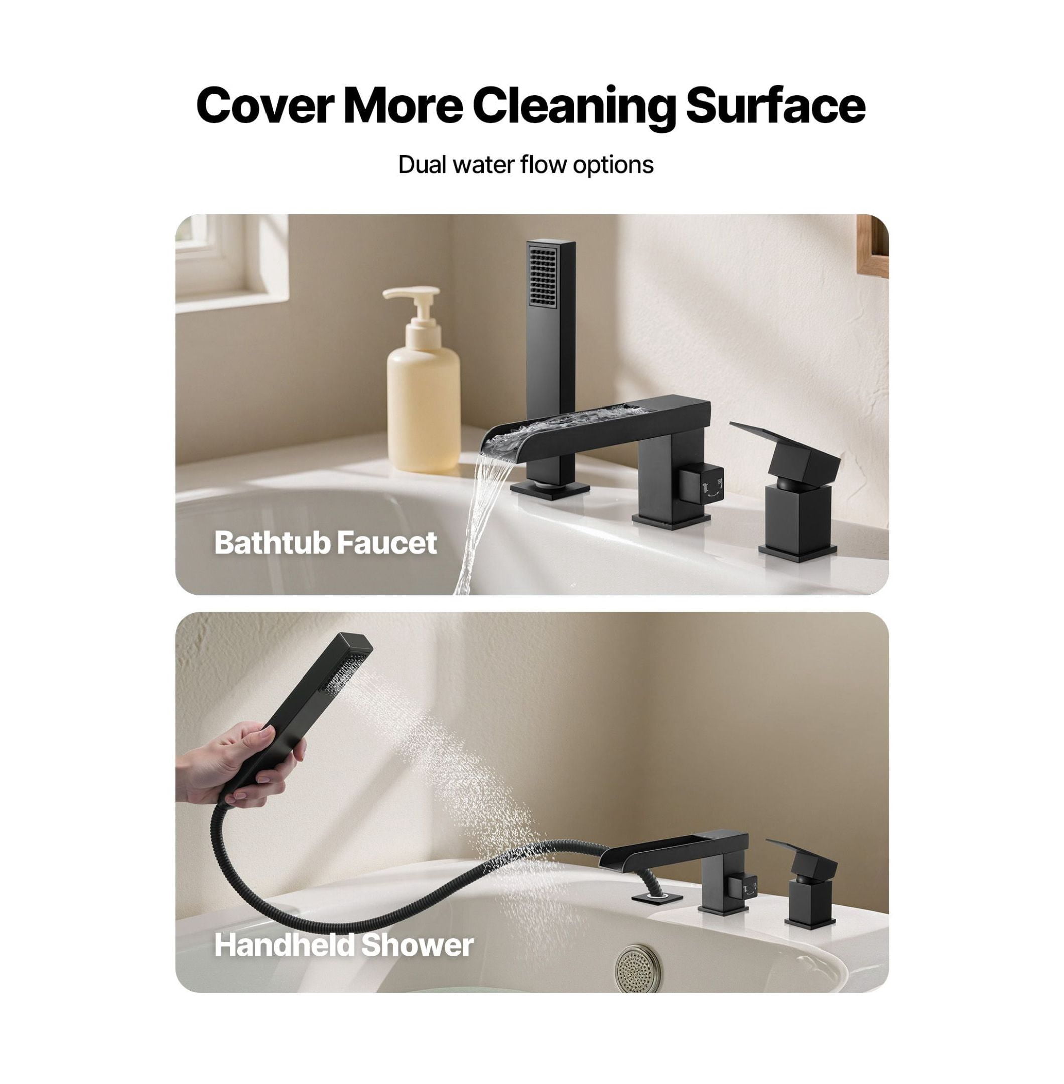 Roman Tub Faucet 3 Hole, Waterfall Bathtub Faucet Widespread, with Shower Head & Handle, Matte Black, High Flow, for Pet/Adult Bathing