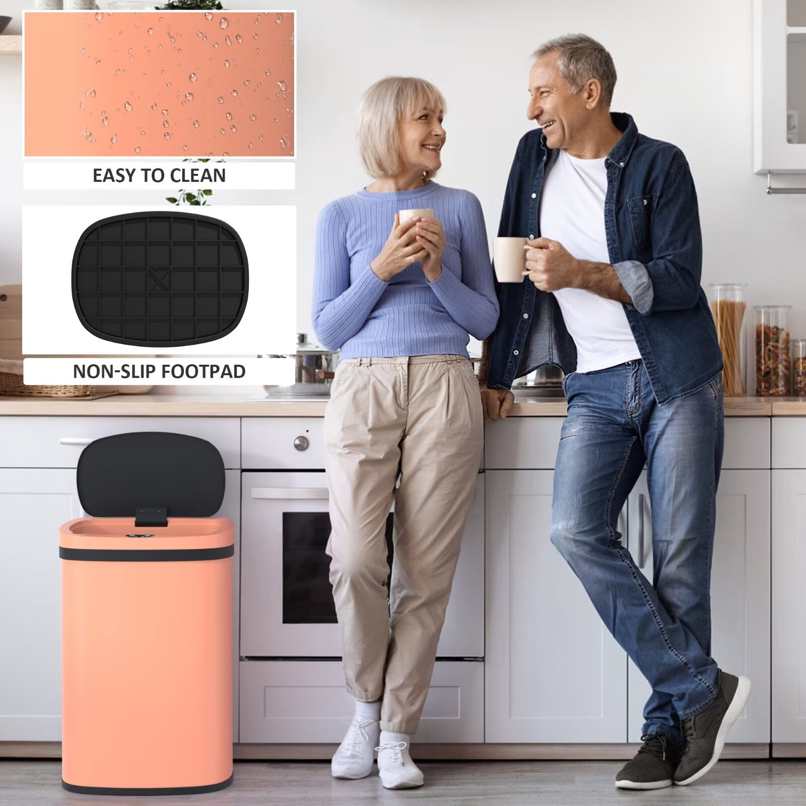 YRLLENSDAN 13 Gallon Touchless Stainless Steel Trash Can, Automatic Garbage Cans with Lid, Motion Sensor Wateproof Trash Bin for Kitchen Bedroom Bathroom Office, Pink