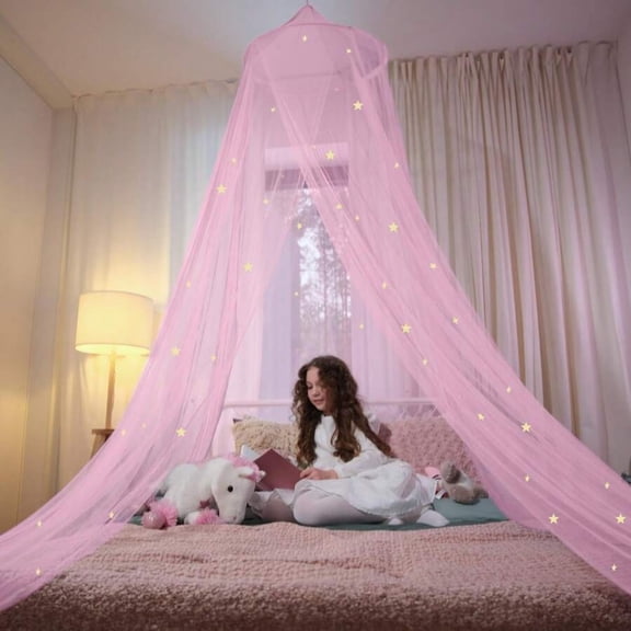 Glowing Stars Bed Canopy for Kids Princess Style Bed Curtain Dreamy Nursery Room Decor for Girls Children Toddler Bedroom