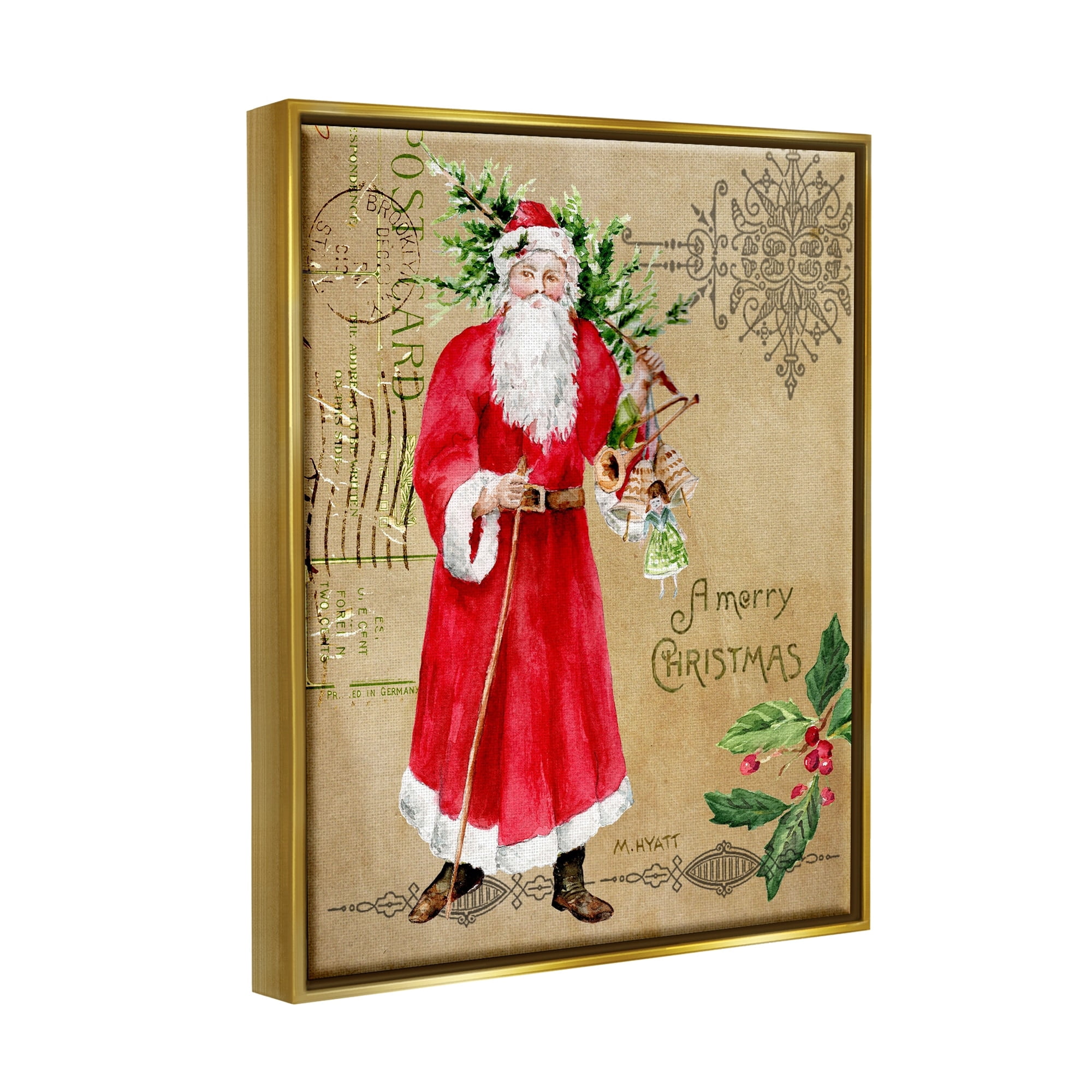 Stupell Industries Vintage Santa Claus Vintage Christmas Postal Design Metallic Gold Framed Floating Canvas Wall Art, 24x30, by Melissa Hyatt LLC