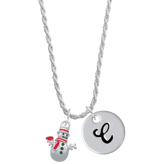 Delight Jewelry Silvertone Snowman with Red Scarf Silvertone Script Initial Disc - C - Charm Necklace, 20"+3"
