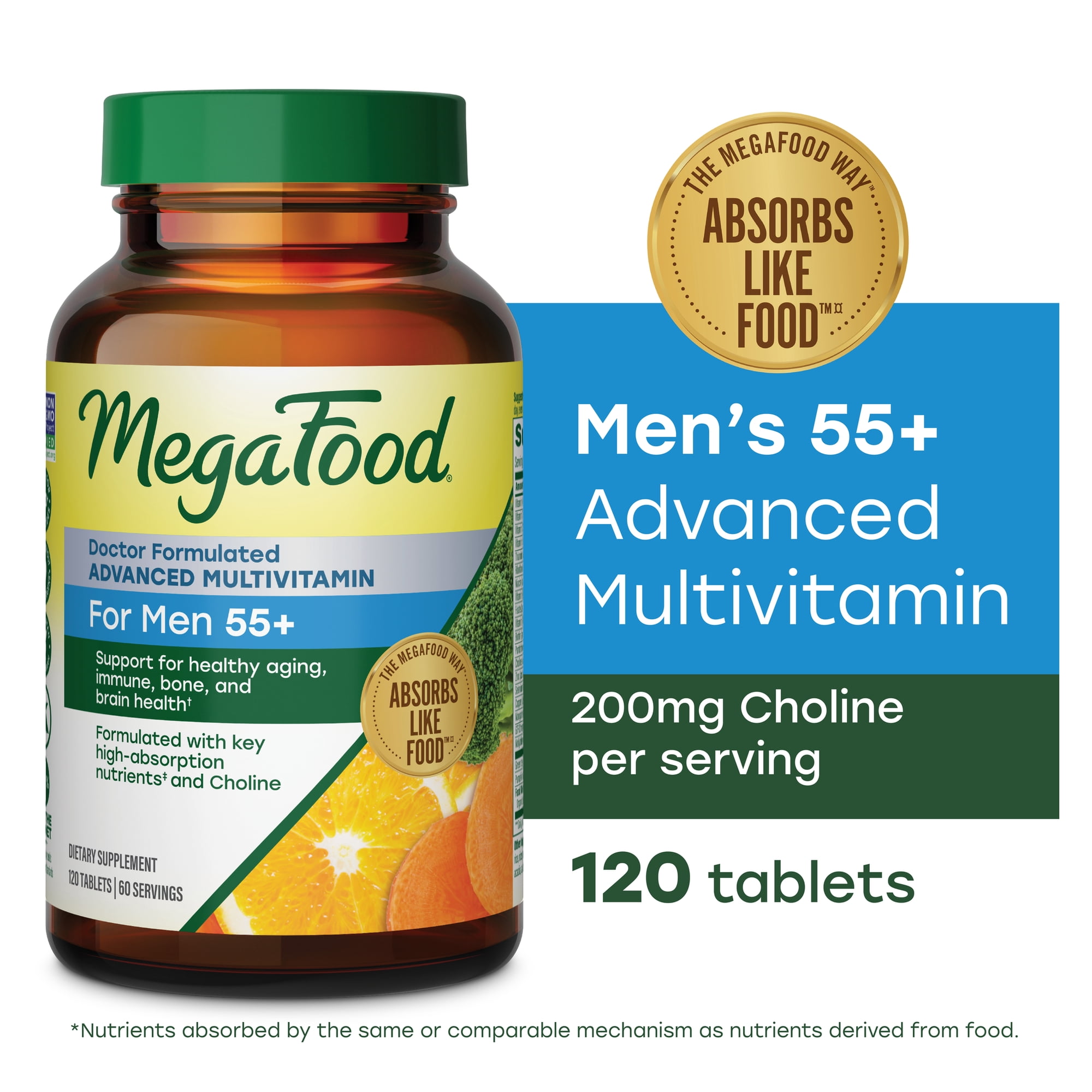 MegaFood Men's 55+ Multivitamin - Choline, Vitamins D3 & B12 - Brain Health - 60 Servings