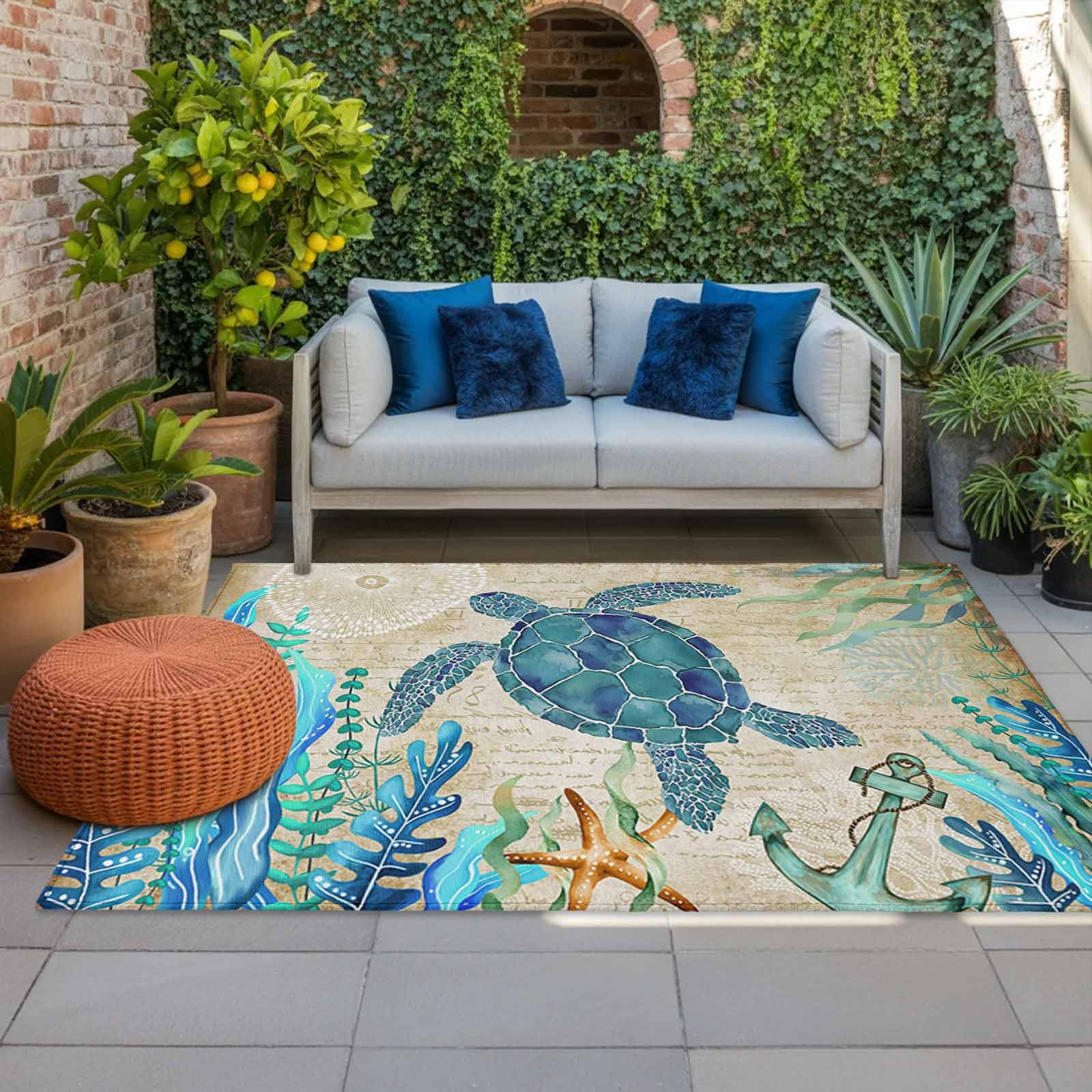 4' x 6' Outdoor Rug, Teal Sea Turtle Coastal Outdoor Washable Rug Large Floor Carpet, Vintage Summer Beach Seaweed Non Shedding Area Rug for Outside Patio RV Porch Deck Balcony Camping Living Room