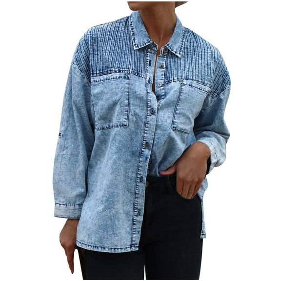 Jacenvly Jackets for Women Spliced Denim Jacket Soft Comfortable Long Sleeve Spring Coats Lapels Pocket Button up Shirts for Women Casual Trendy Thigh Length Tops