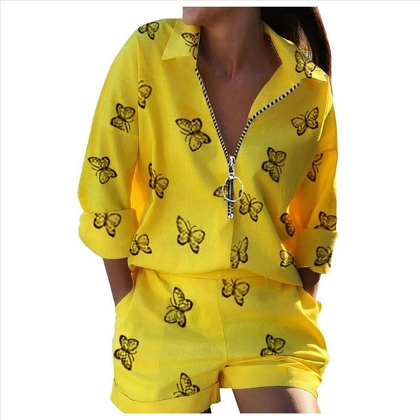 Conjuntos de 2 Piezas para Mujer: Camisa y Pantalones Cortos Florales con Media Cremallera, Atuendos Casuales de Vacaciones con Bolsillos. Mariposa Amarilla M