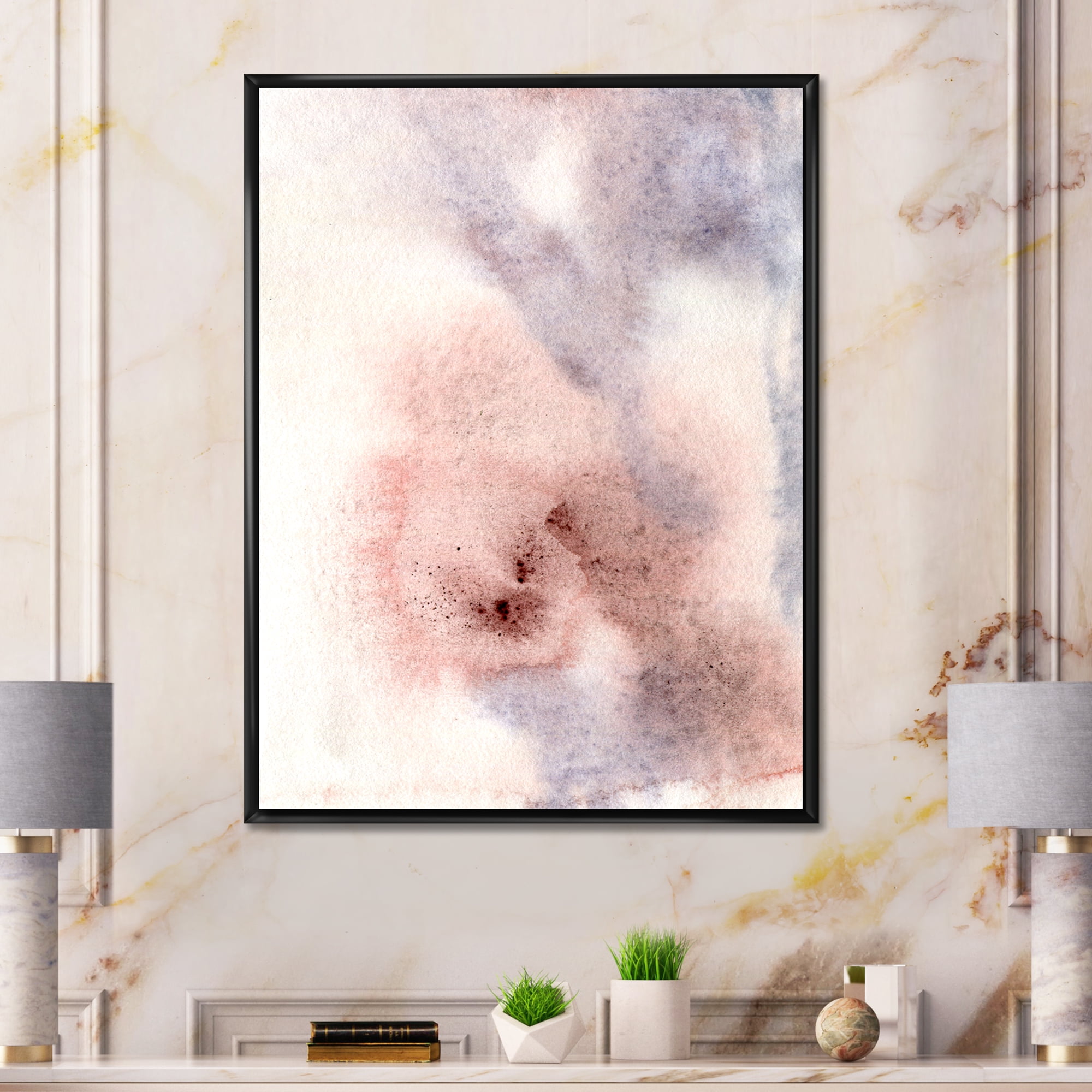 Designart 'Pastel Abstract With Pink Blue Beige and Red Spots' Modern Framed Canvas Wall Art Print