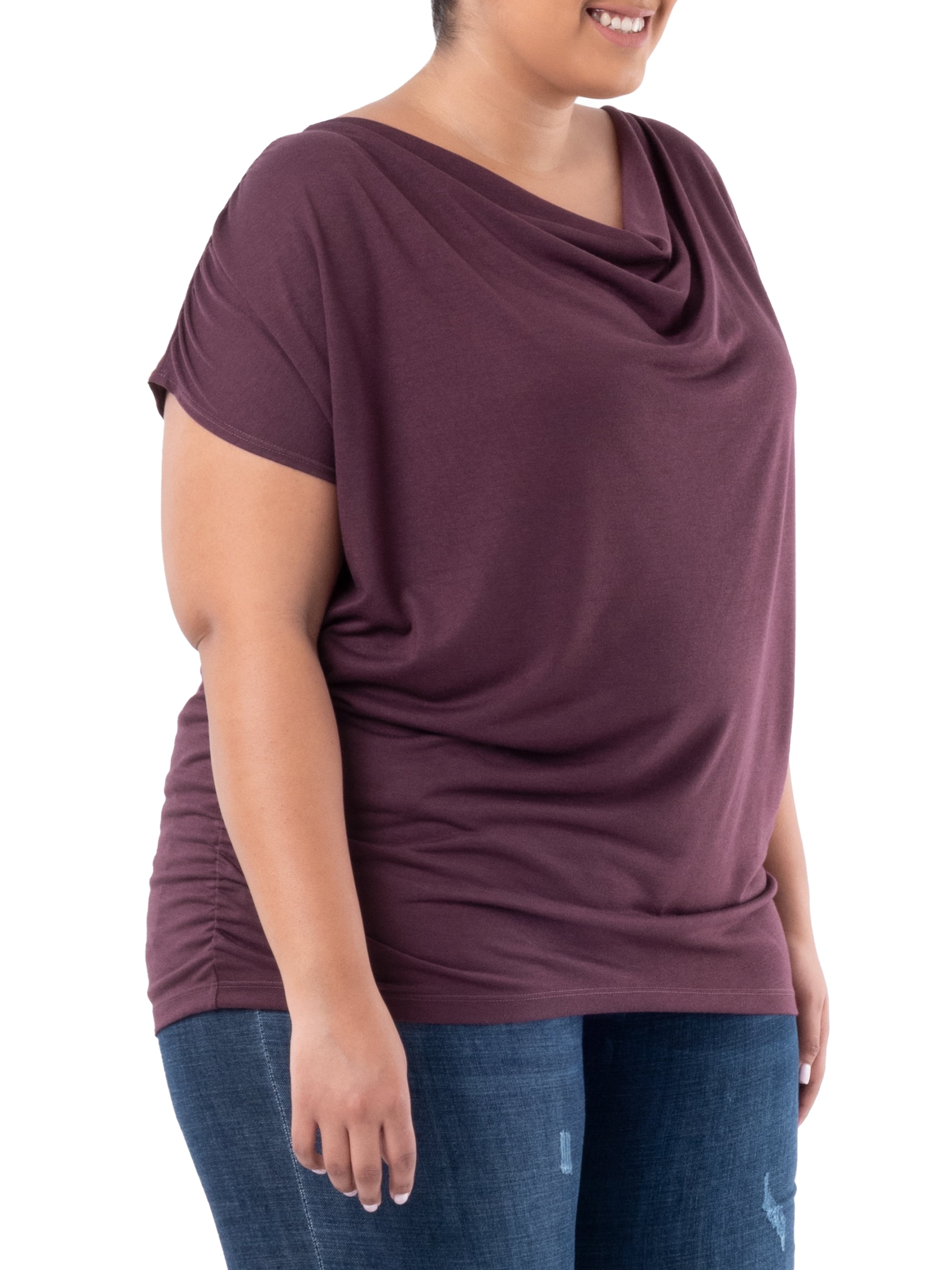 Wright's Women's Plus Size Draped Front Cowl Neck Short Sleeve Blouse Top, Size 1X-5X