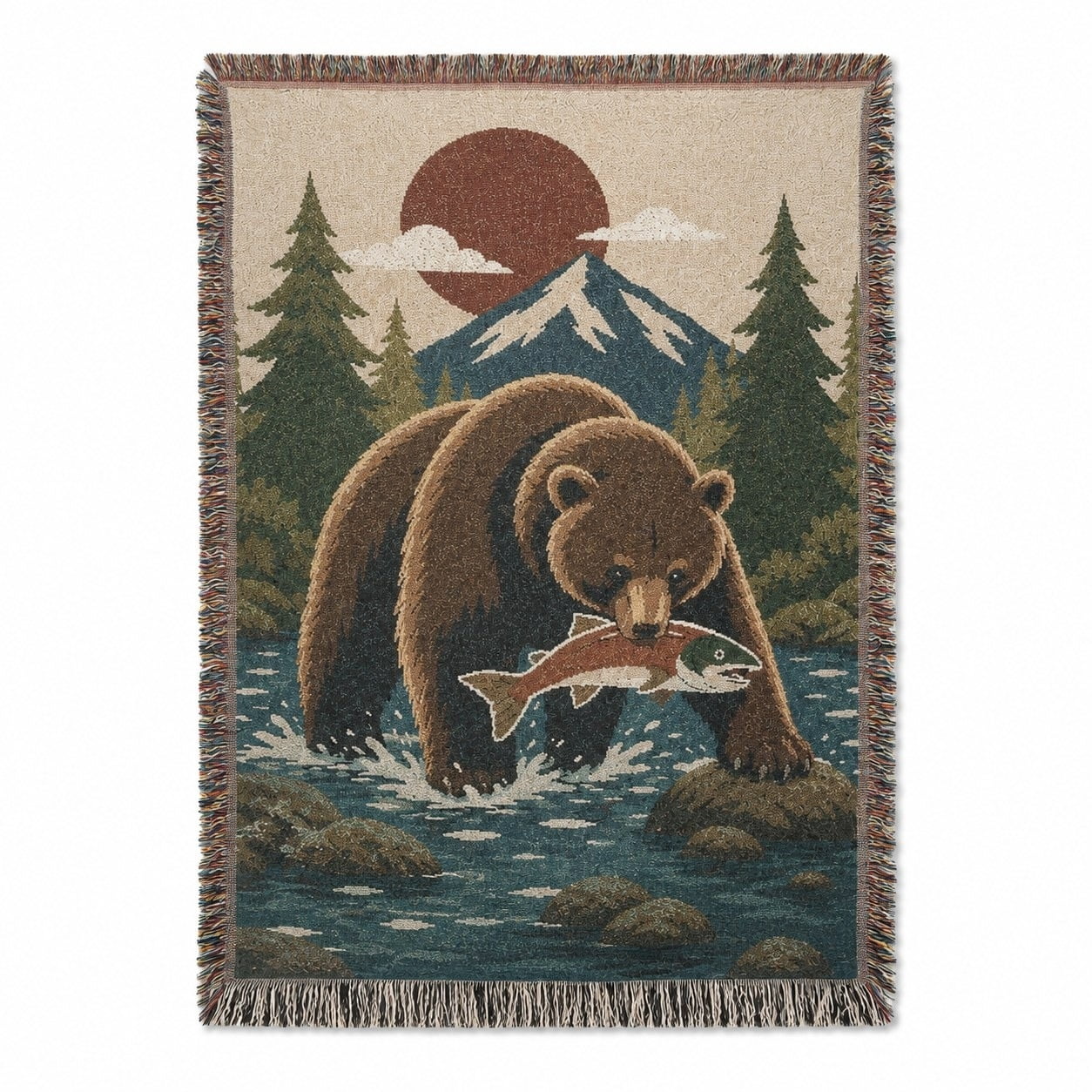 Bear Fishing Mountain Forest Earth Tone Woven Throw Blanket Cotton with Fringed Edges Rustic Wildlife Cabin Decor for Couch and Bed