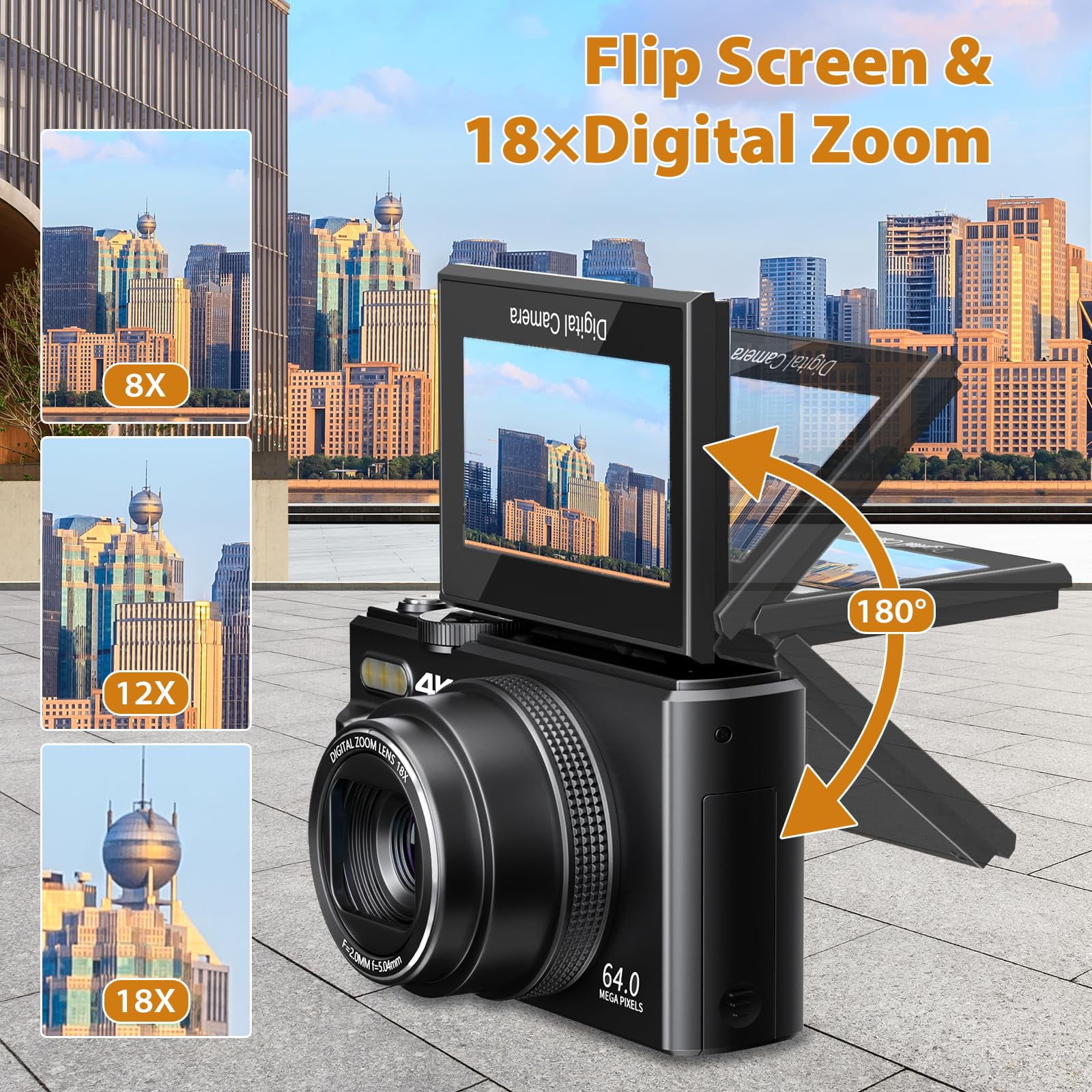 Saneen Digital Camera 4K 64MP Vlogging Camera for YouTube 3''180°Flip Screen 18X Zoom Autofocus 32GB SD Card Video Cameras for Beginners