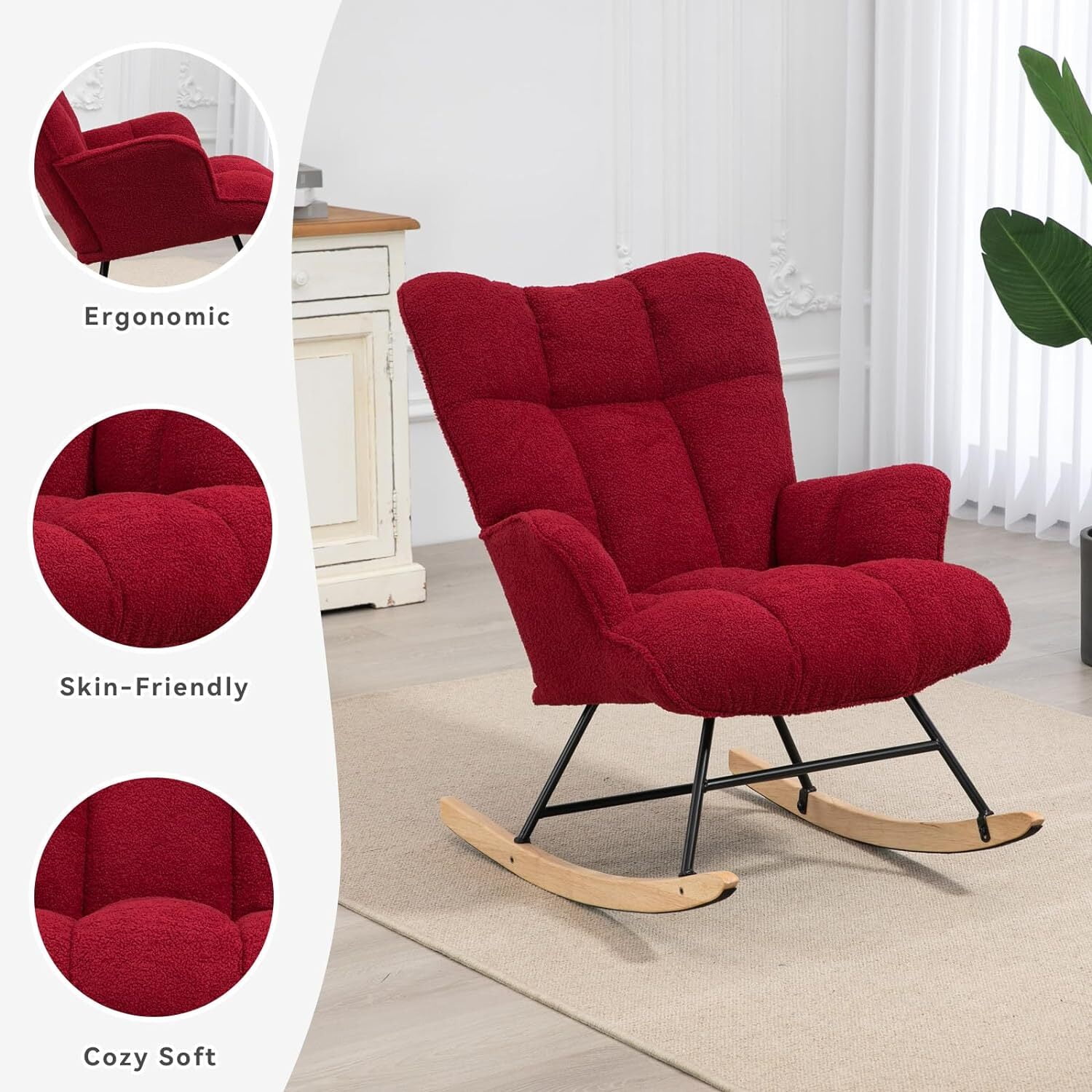 Nursery Rocking Chair Teddy, Upholstered Glider Rocker with High Backrest, Comfortable Stylish Accent Armchair with Padded Seat for Living Rooms, Bedrooms, Offices, Burgundy