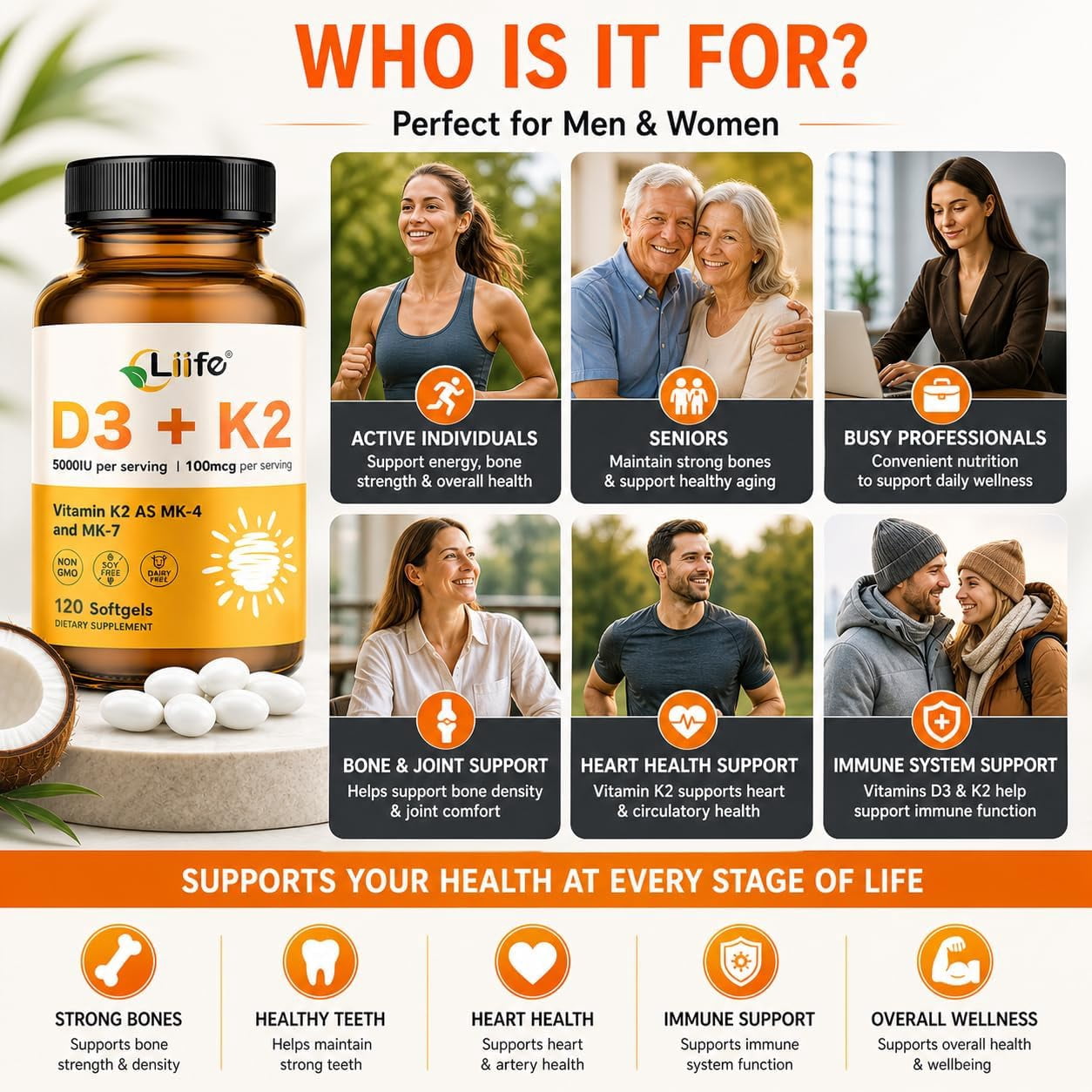 Liife Vitamin D3 K2（MK7+MK4） Supplement 5000IU with Organic Extra Virgin Coconut Oil - Supports Calcium Absorption, Bone & Immune Health- Non-GMO 120 Softgels